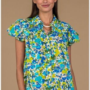 Floral Ruffle Sleeve Blouse in Blue and Green